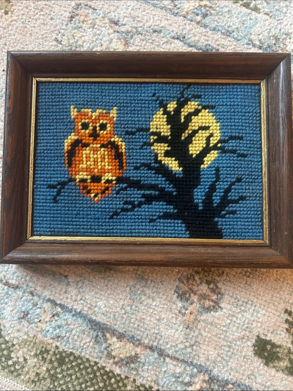 Vintage Handmade Cross-Stitch Owl Night Scene - Blue Background